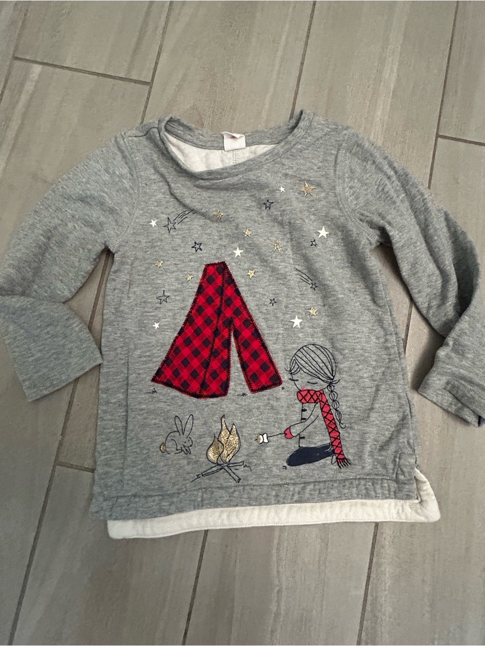 Girls' Grey Long-Sleeve Campfire Tee with Red Plaid Tent